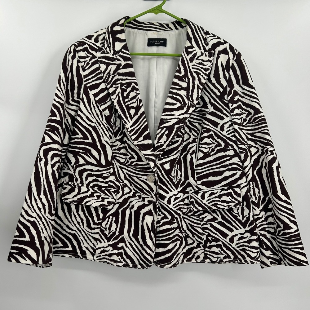 Focus 2000 Woman Zebra Print Blazer Black White Single Button Career Jacket